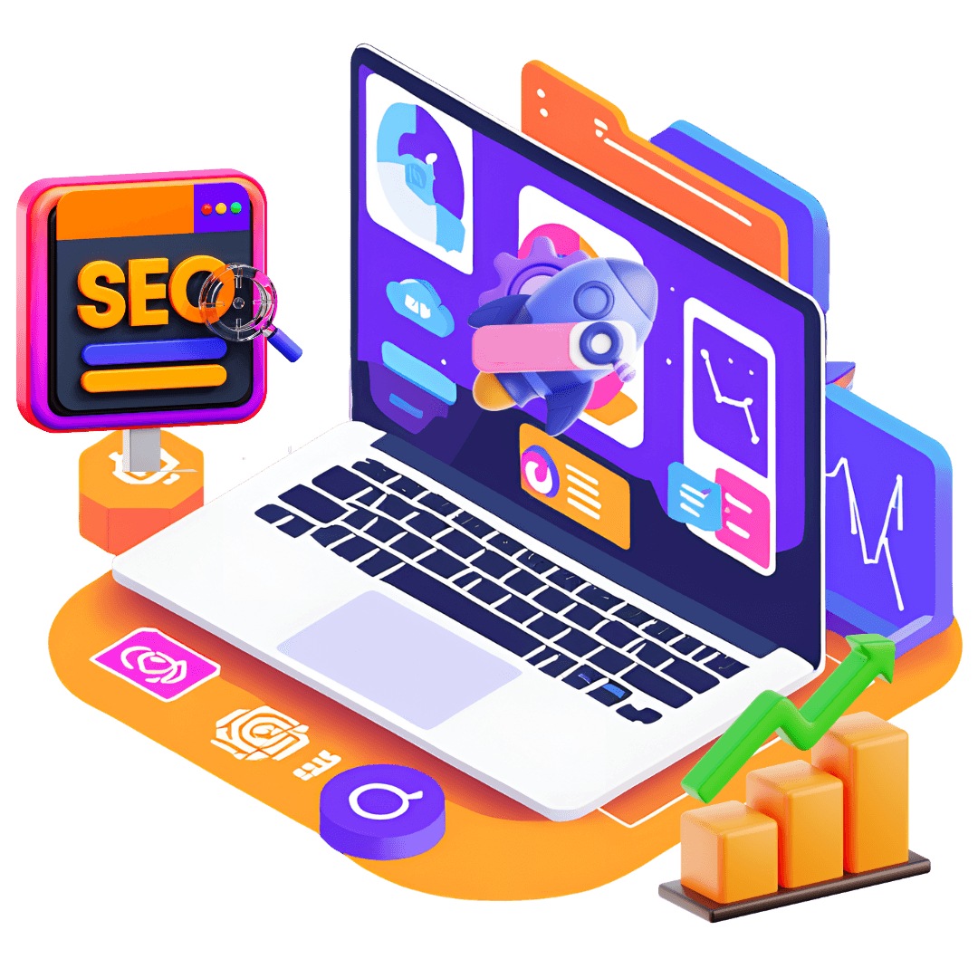Digital optimization and SEO visualization showing analytics dashboard, search rankings, and optimization tools