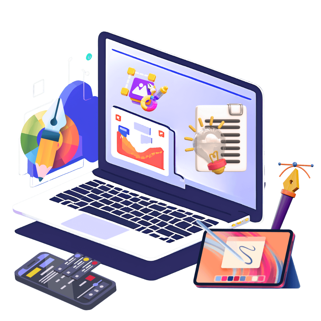 Web development services showcased on responsive devices with code and user interfaces